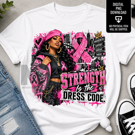 Strength Is the Dress Code PNG | Breast Cancer Awareness Pink Ribbon | Inspirational Sublimation Digital Download